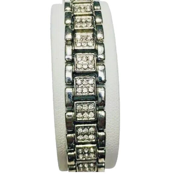 Silver Tone Rhinestone Watch Link Bracelet 7" Shimmering Trendy 90s - Picture 2 of 14